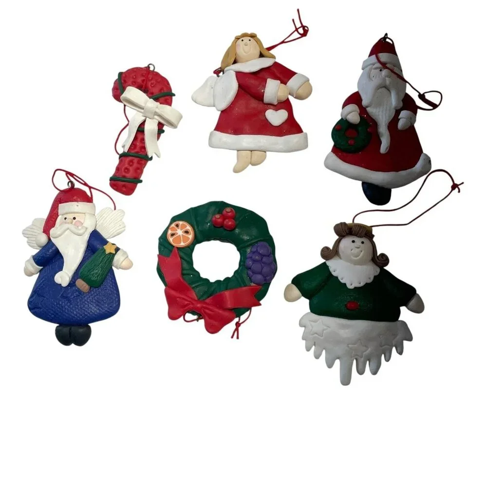 Vintage Clay Christmas Ornament Set Santa Angel Wreath Candy Cane 6pcs